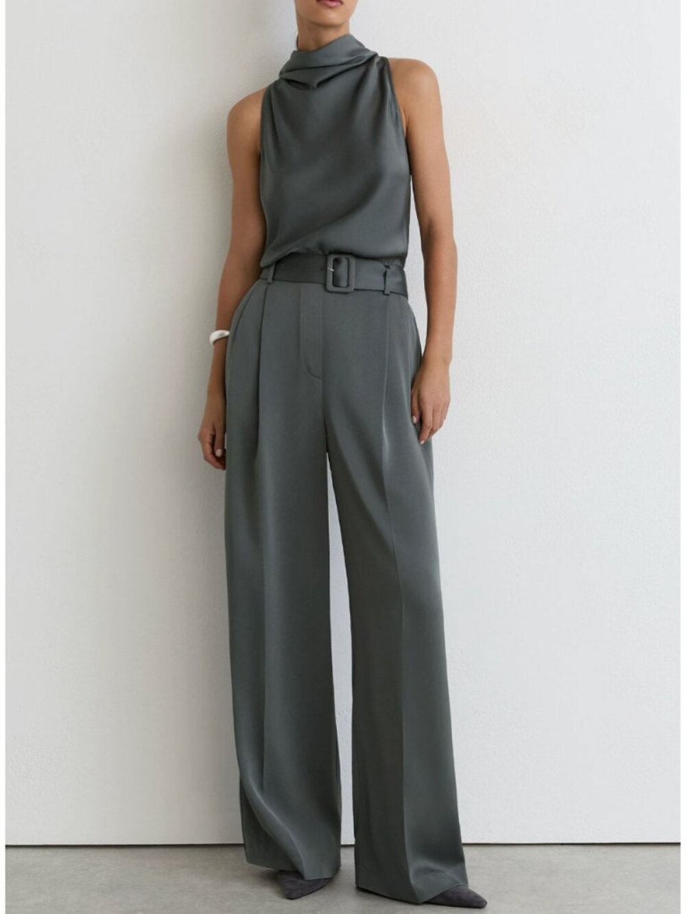 REISS Erica Satin Jumpsuit Dark Grey Cowl-Neck Wide-Leg Quiet Lux Classic